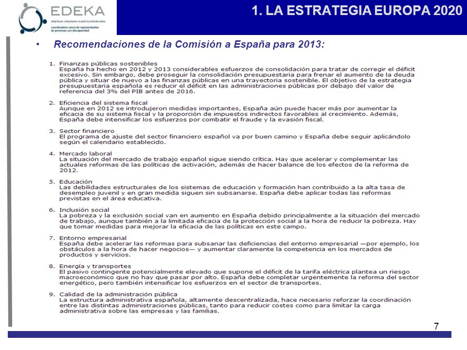 1. LA ESTRATEGIA EUROPA 2020 Recomendaciones de la Comisión a España para 2013: