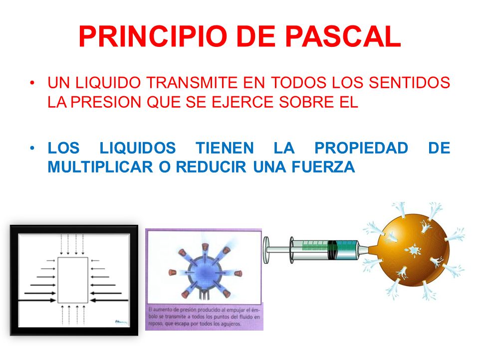 PRINCIPIO DE PASCAL UN LIQUIDO TRANSMITE EN TODOS LOS SENTIDOS LA PRESION QUE SE EJERCE SOBRE EL.