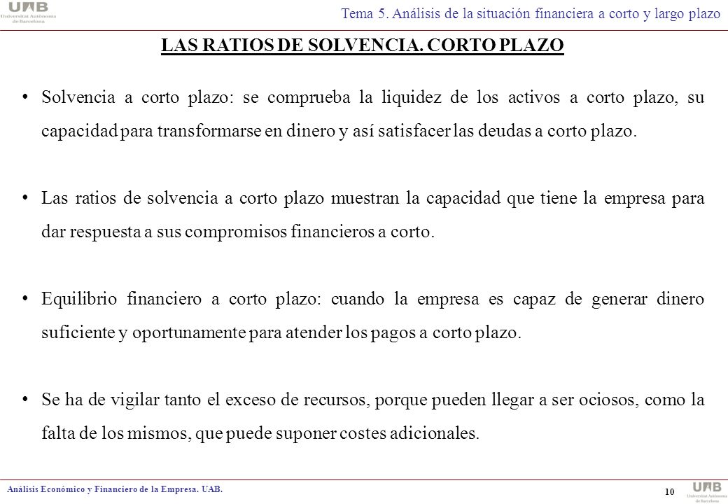 LAS RATIOS DE SOLVENCIA. CORTO PLAZO