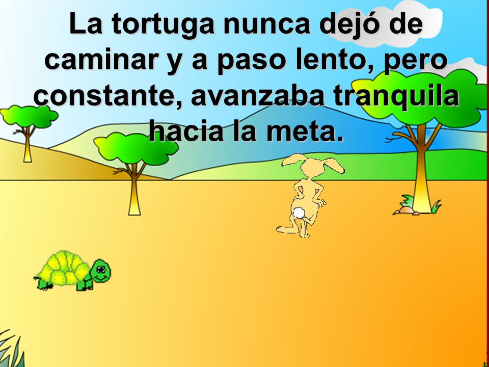La tortuga nunca dejó de caminar y a paso lento, pero constante, avanzaba tranquila hacia la meta.