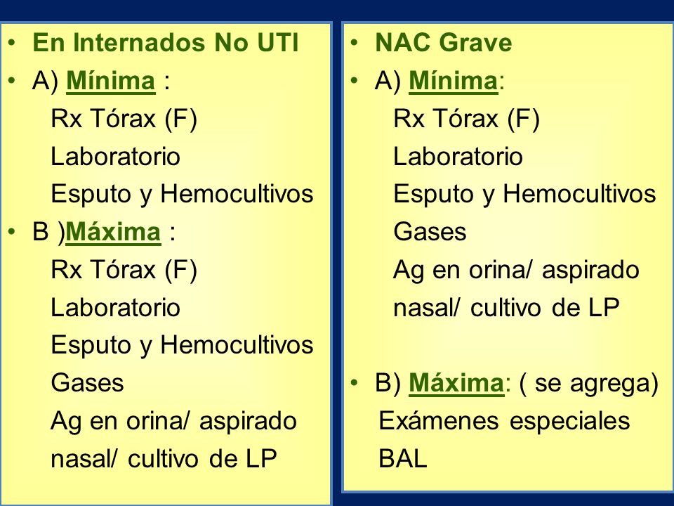En Internados No UTI A) Mínima : Rx Tórax (F) Laboratorio. Esputo y Hemocultivos. B )Máxima : Gases.