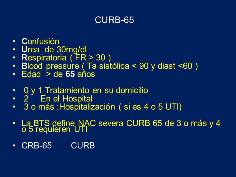 CURB-65 Confusión Urea de 30mg/dl Respiratoria ( FR > 30 )