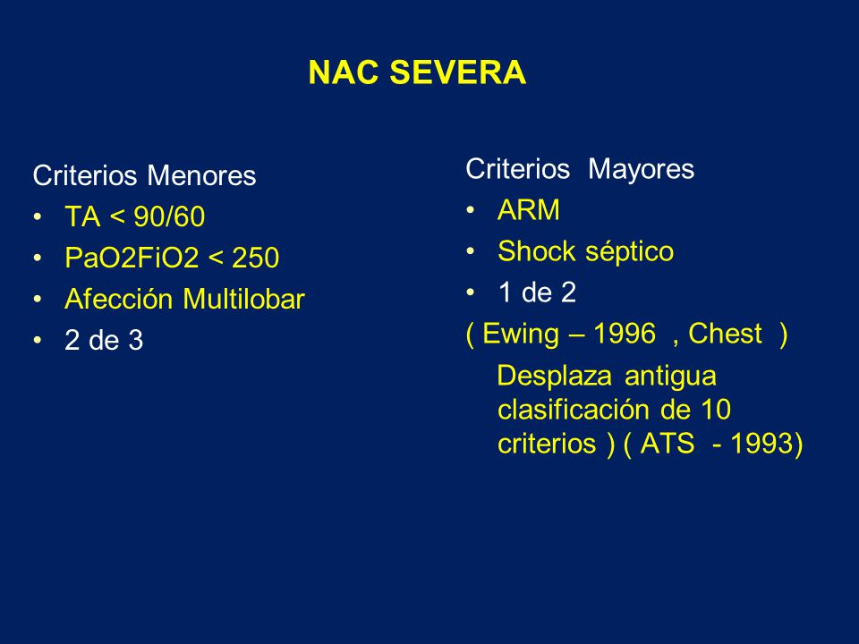 NAC SEVERA Criterios Mayores Criterios Menores ARM TA < 90/60