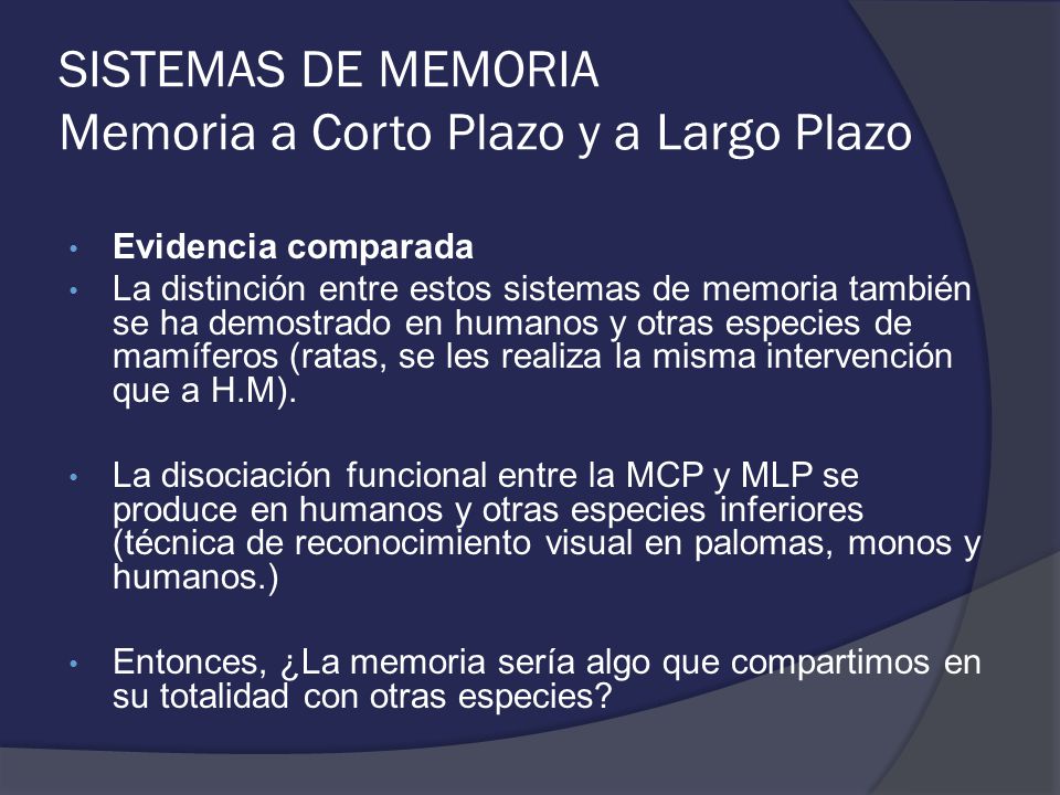 SISTEMAS DE MEMORIA Memoria a Corto Plazo y a Largo Plazo