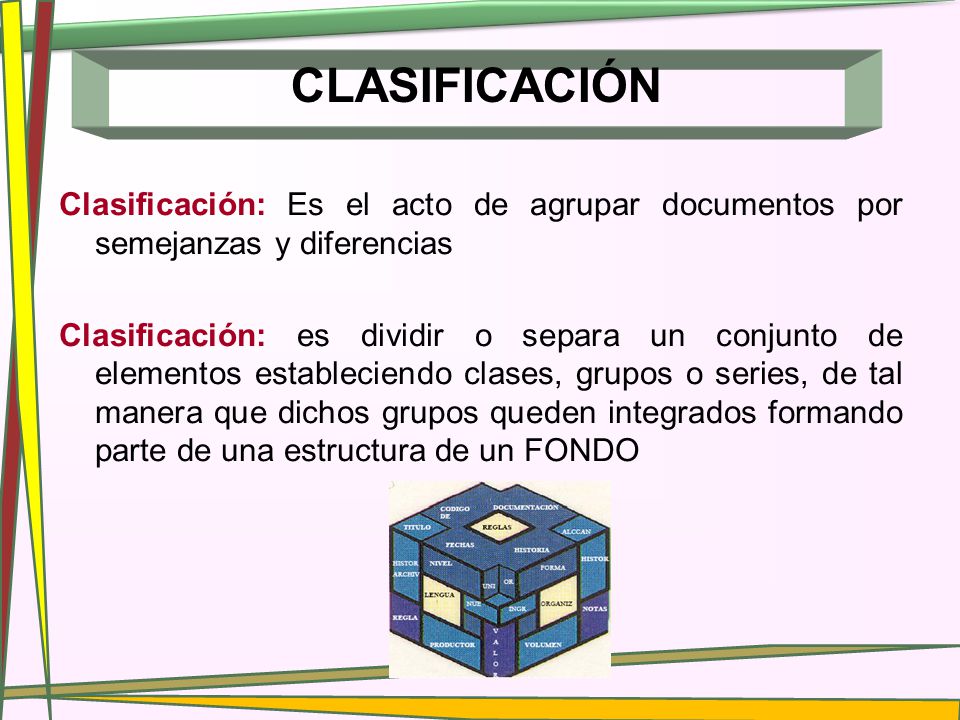 CLASIFICACIÓN Clasificación: Es el acto de agrupar documentos por semejanzas y diferencias.