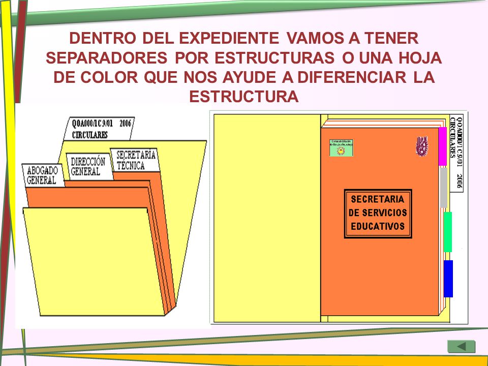DENTRO DEL EXPEDIENTE VAMOS A TENER SEPARADORES POR ESTRUCTURAS O UNA HOJA DE COLOR QUE NOS AYUDE A DIFERENCIAR LA ESTRUCTURA