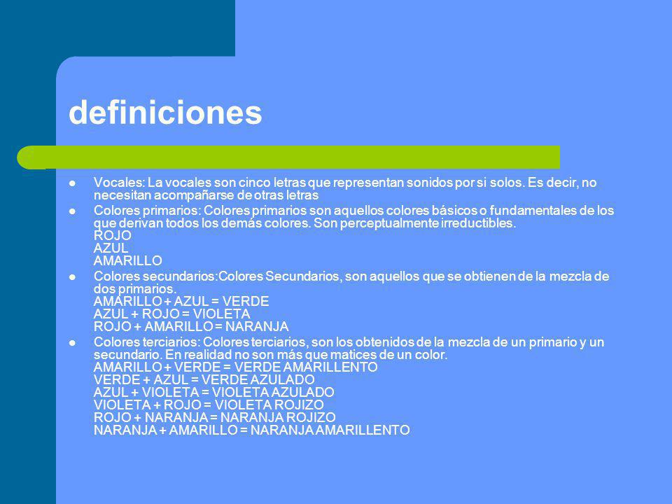 definiciones Vocales: La vocales son cinco letras que representan sonidos por si solos. Es decir, no necesitan acompañarse de otras letras.