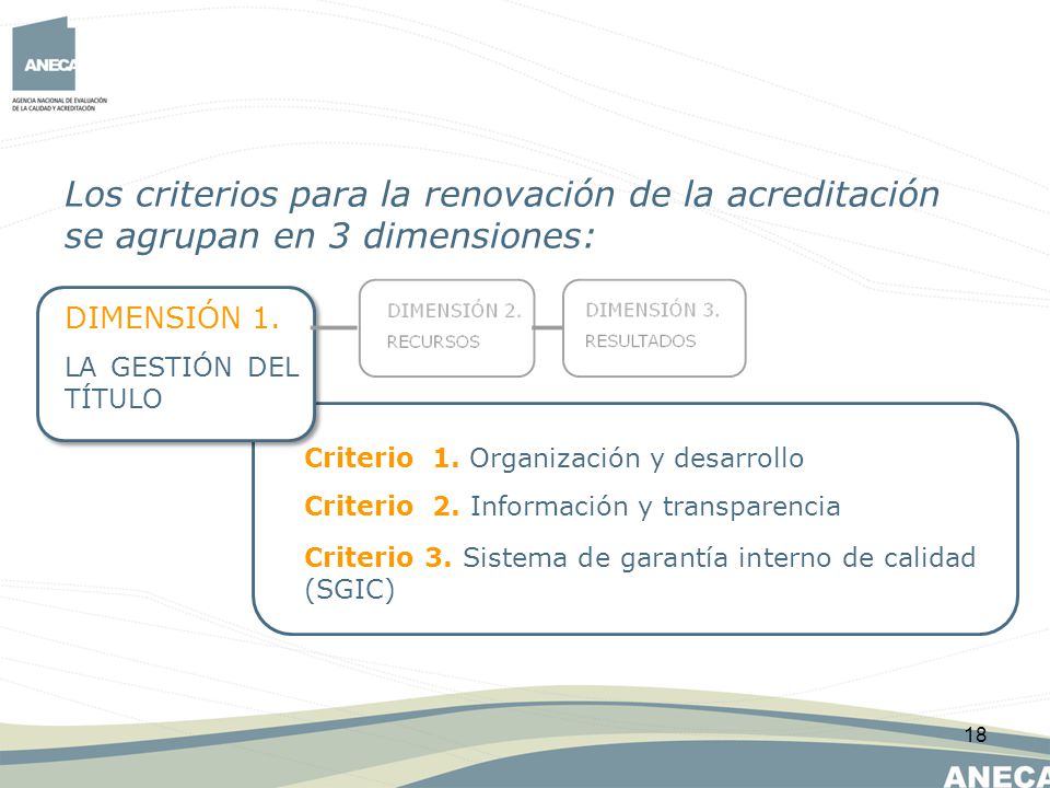 Los criterios para la renovación de la acreditación se agrupan en 3 dimensiones:
