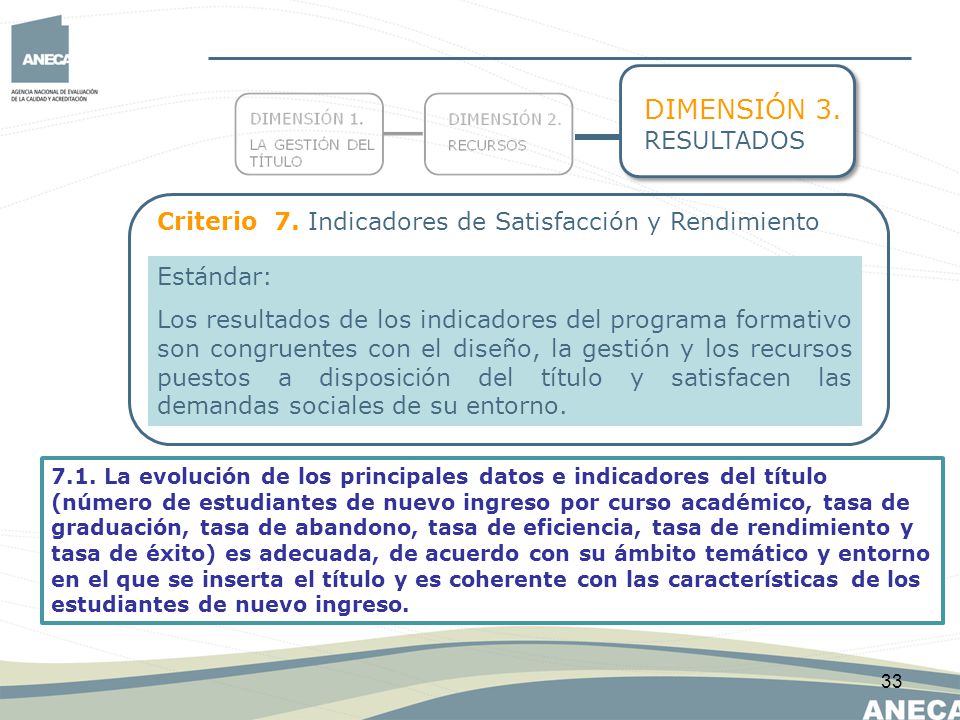DIMENSIÓN 3. RESULTADOS. Criterio 7. Indicadores de Satisfacción y Rendimiento. Estándar: