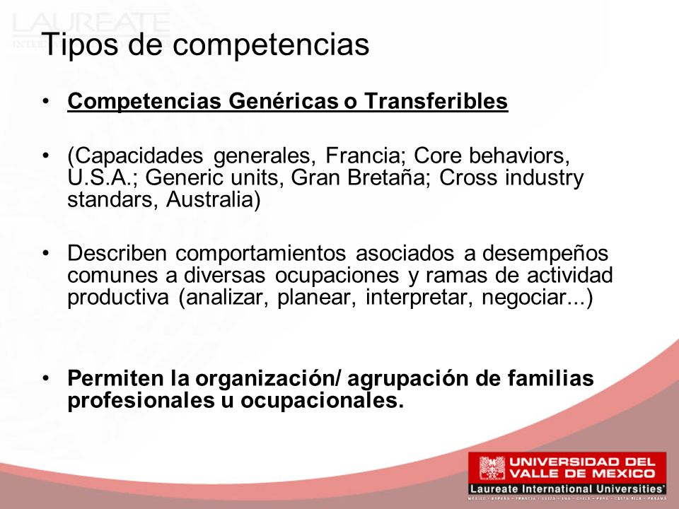Tipos de competencias Competencias Genéricas o Transferibles