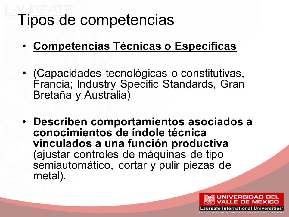 Tipos de competencias Competencias Técnicas o Específicas