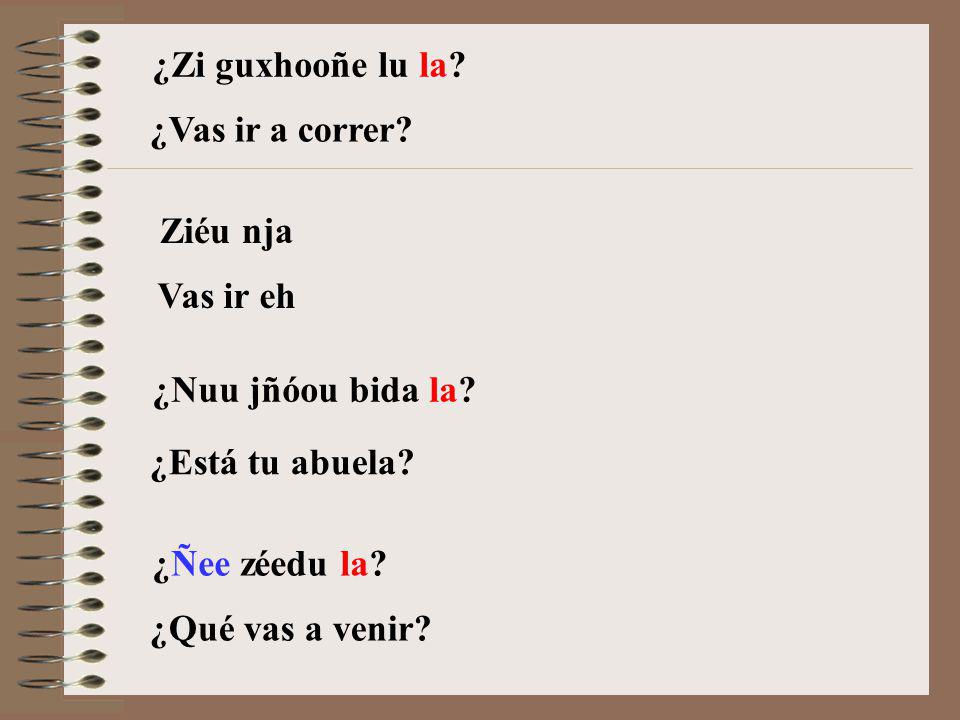 ¿Zi guxhooñe lu la ¿Vas ir a correr Ziéu nja. Vas ir eh. ¿Nuu jñóou bida la ¿Está tu abuela