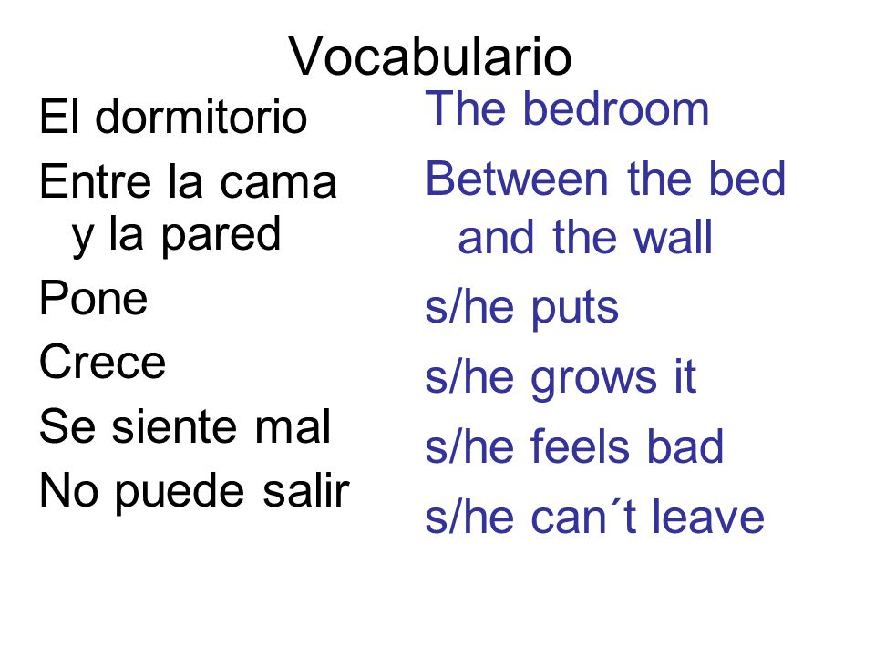 Vocabulario The bedroom Between the bed and the wall s/he puts