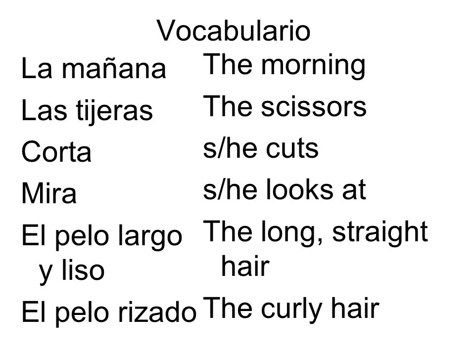 Vocabulario The morning. The scissors. s/he cuts. s/he looks at. The long, straight hair. The curly hair.