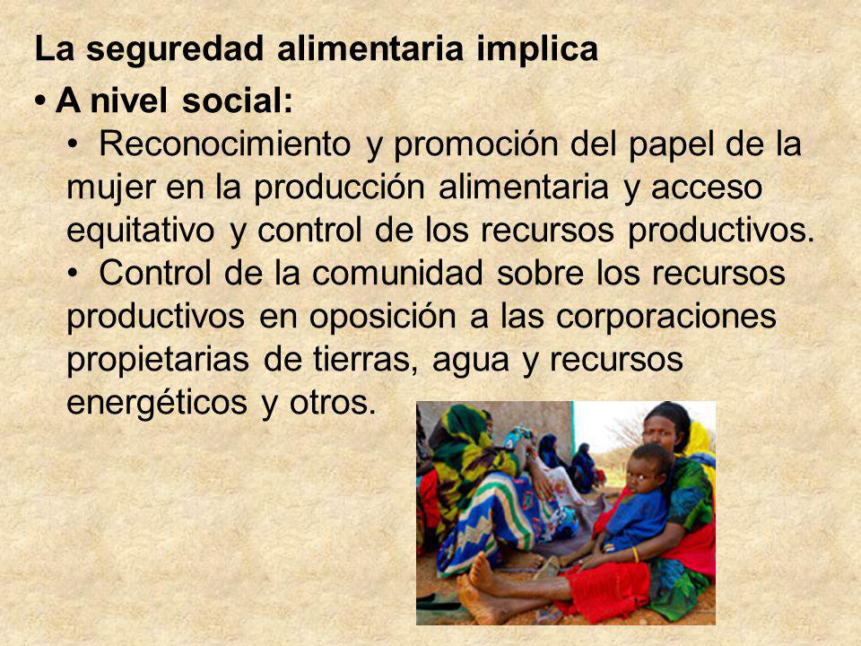 La seguredad alimentaria implica • A nivel social: • Reconocimiento y promoción del papel de la mujer en la producción alimentaria y acceso equitativo y control de los recursos productivos.