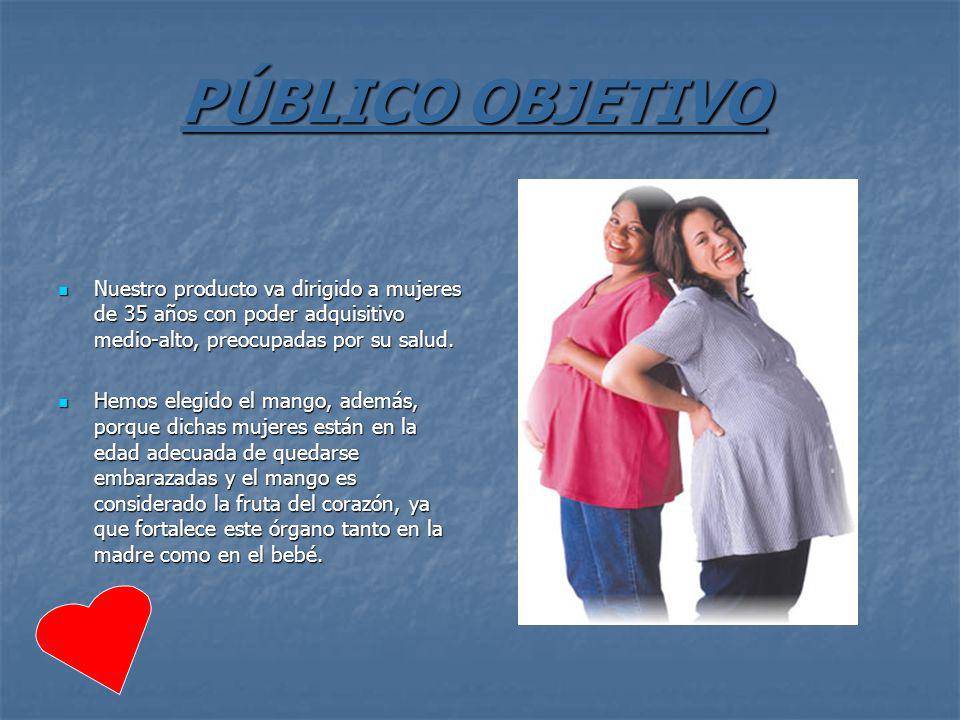 PÚBLICO OBJETIVO Nuestro producto va dirigido a mujeres de 35 años con poder adquisitivo medio-alto, preocupadas por su salud.