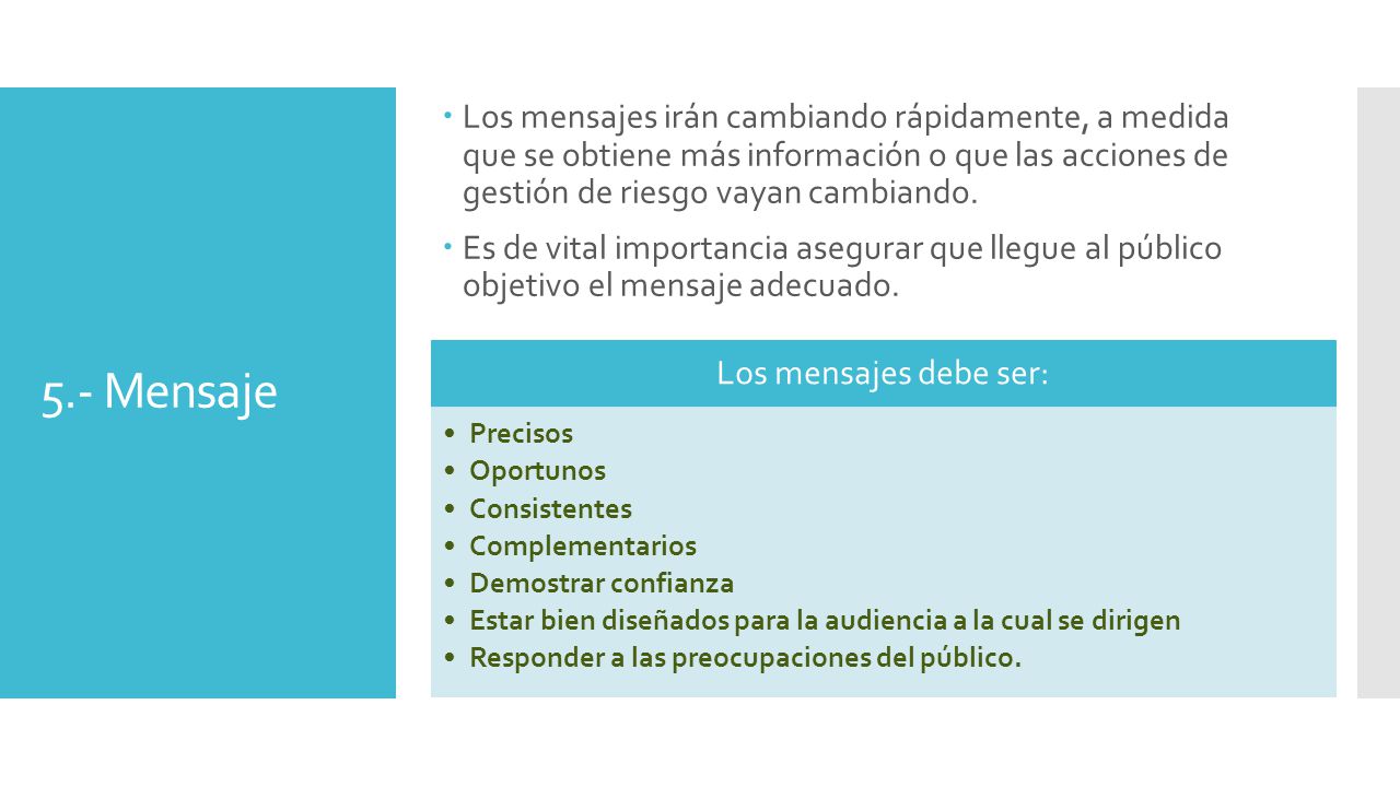 Los mensajes irán cambiando rápidamente, a medida que se obtiene más información o que las acciones de gestión de riesgo vayan cambiando.