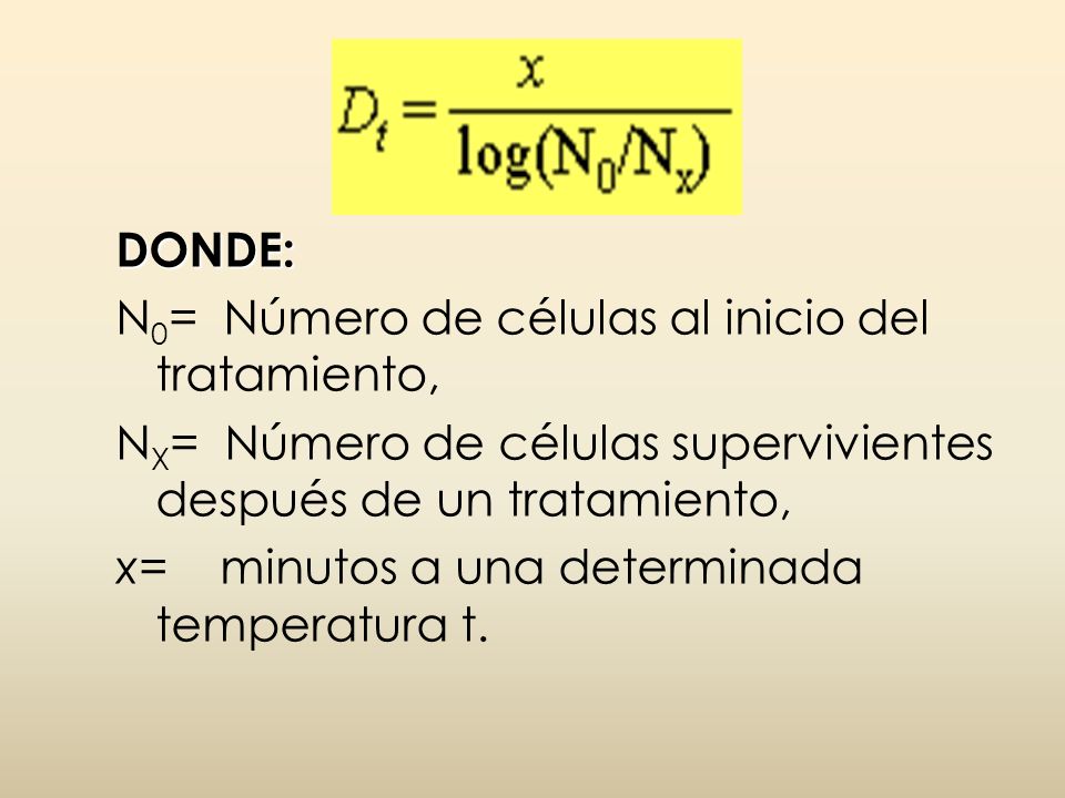 DONDE: N0= Número de células al inicio del tratamiento, NX= Número de células supervivientes después de un tratamiento,