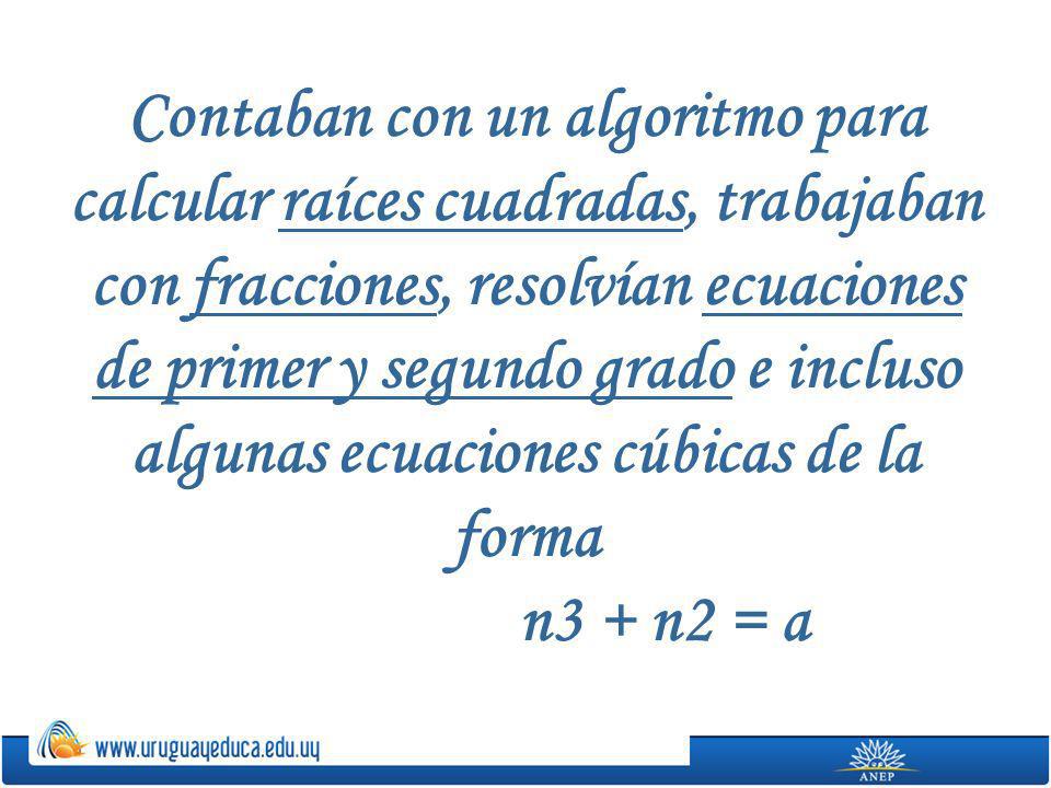 Contaban con un algoritmo para calcular raíces cuadradas, trabajaban con fracciones, resolvían ecuaciones de primer y segundo grado e incluso algunas ecuaciones cúbicas de la forma n3 + n2 = a