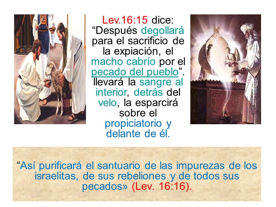 Lev.16:15 dice: Después degollará para el sacrificio de la expiación, el macho cabrío por el pecado del pueblo . llevará la sangre al interior, detrás del velo, la esparcirá sobre el propiciatorio y delante de él.