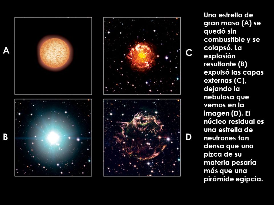 Una estrella de gran masa (A) se quedó sin combustible y se colapsó