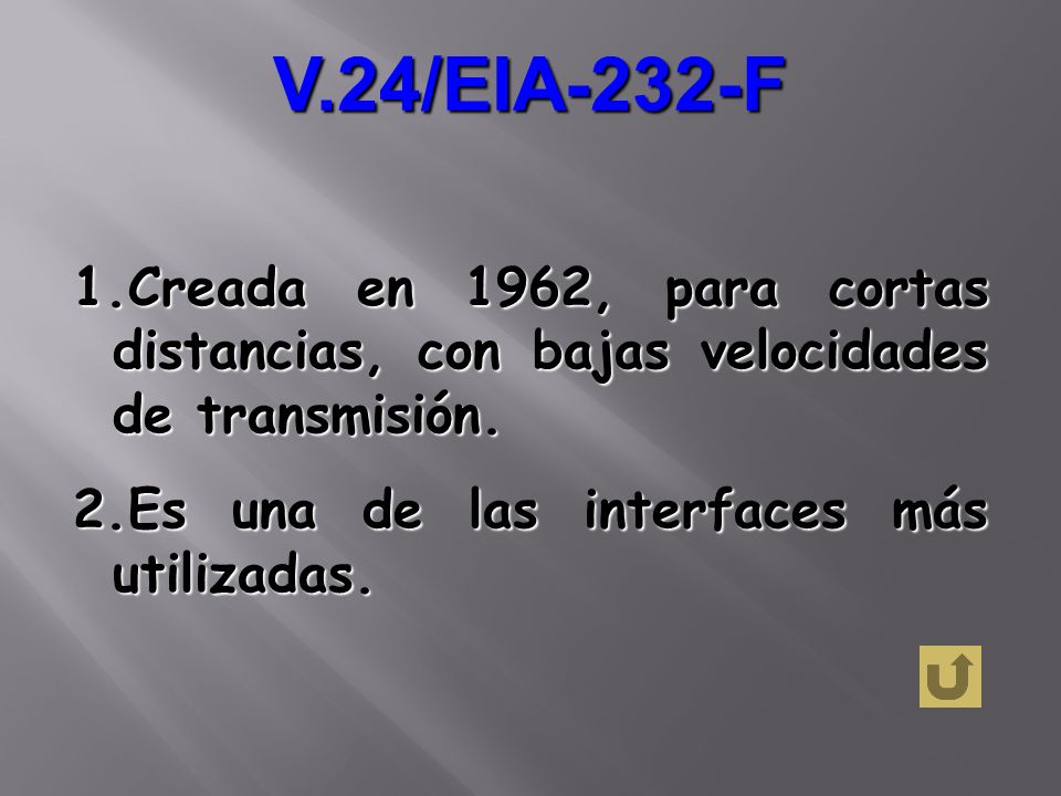 V.24/EIA-232-F Creada en 1962, para cortas distancias, con bajas velocidades de transmisión.