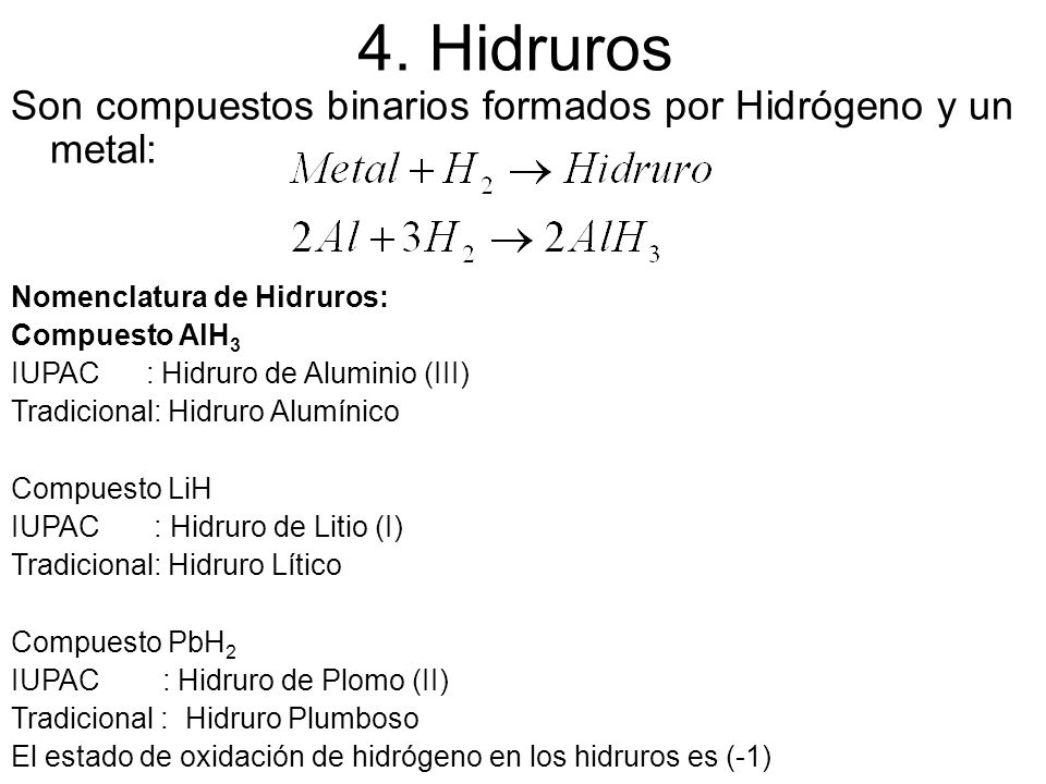 4. Hidruros Son compuestos binarios formados por Hidrógeno y un metal: