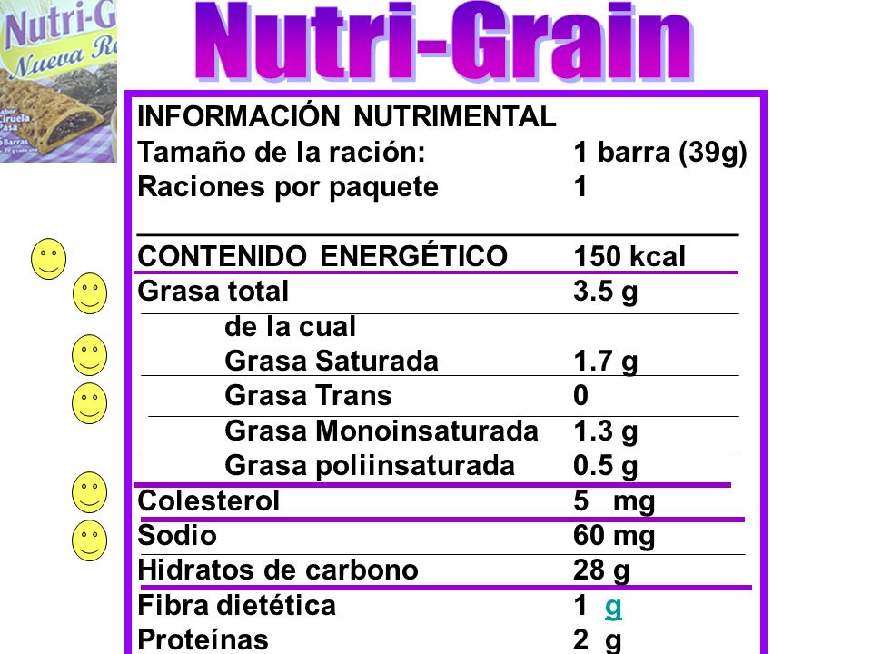 Nutri-Grain INFORMACIÓN NUTRIMENTAL Tamaño de la ración: 1 barra (39g)