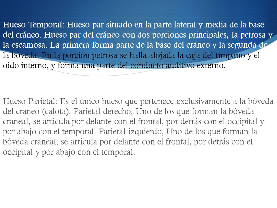 Hueso Temporal: Hueso par situado en la parte lateral y media de la base del cráneo.