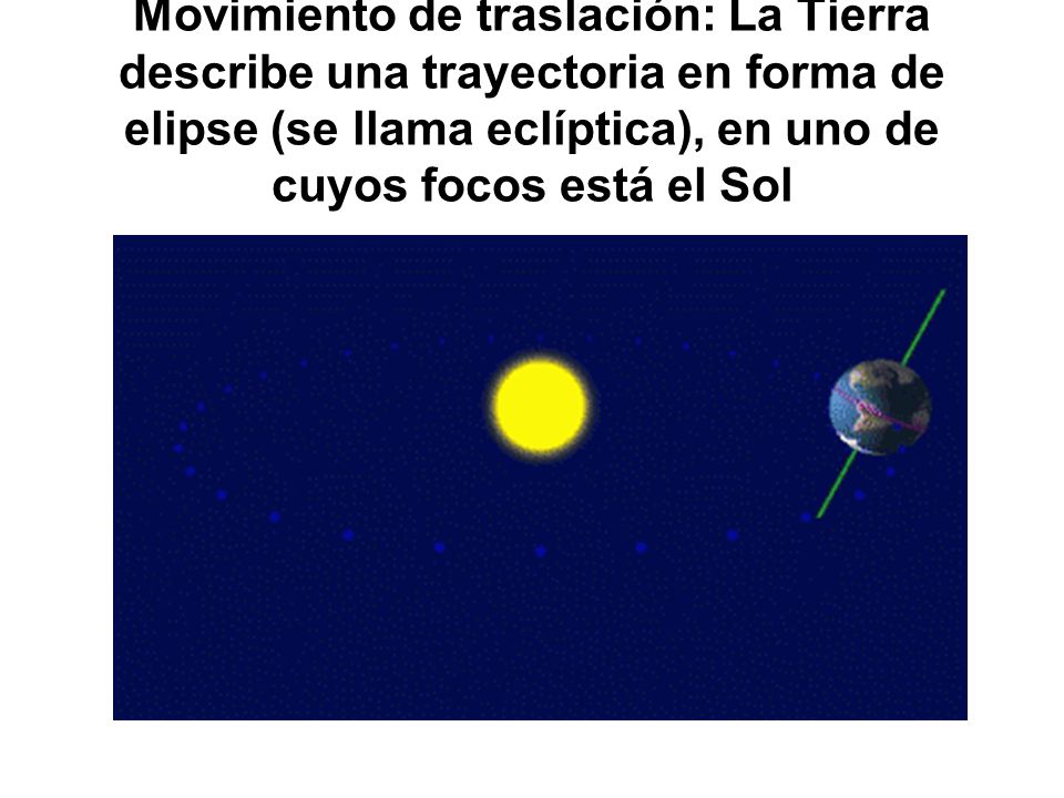 Movimiento de traslación: La Tierra describe una trayectoria en forma de elipse (se llama eclíptica), en uno de cuyos focos está el Sol