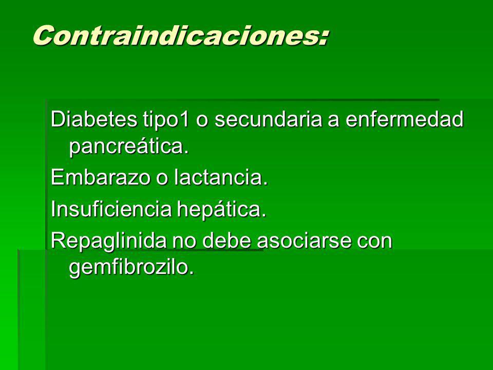 Contraindicaciones: Diabetes tipo1 o secundaria a enfermedad pancreática. Embarazo o lactancia. Insuficiencia hepática.
