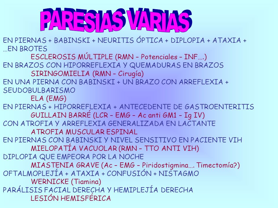 PARESIAS VARIAS EN PIERNAS + BABINSKI + NEURITIS ÓPTICA + DIPLOPIA + ATAXIA + …EN BROTES. ESCLEROSIS MÚLTIPLE (RMN – Potenciales – INF….)