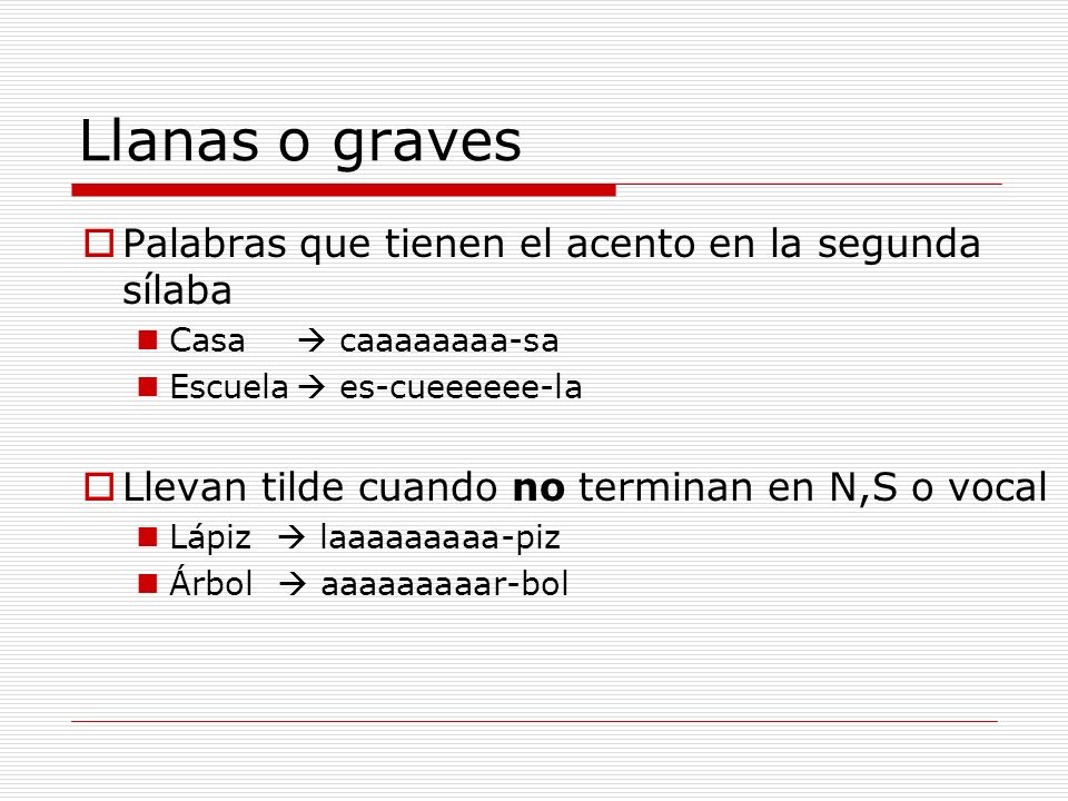 Llanas o graves Palabras que tienen el acento en la segunda sílaba