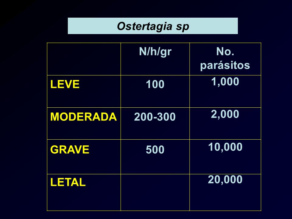 Ostertagia sp LEVE. MODERADA. GRAVE. LETAL. N/h/gr No. parásitos. 1,000.