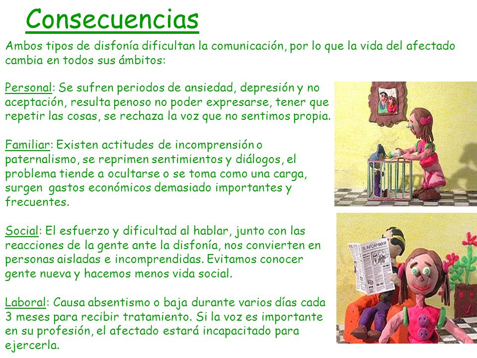 Consecuencias Ambos tipos de disfonía dificultan la comunicación, por lo que la vida del afectado cambia en todos sus ámbitos: