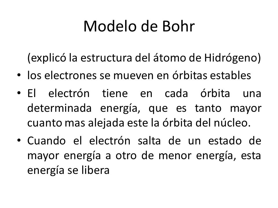 Modelo de Bohr (explicó la estructura del átomo de Hidrógeno)