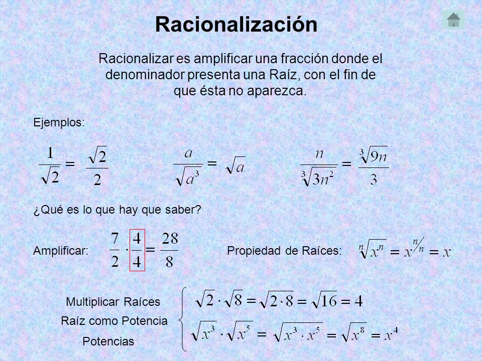 Racionalización Racionalizar es amplificar una fracción donde el denominador presenta una Raíz, con el fin de que ésta no aparezca.