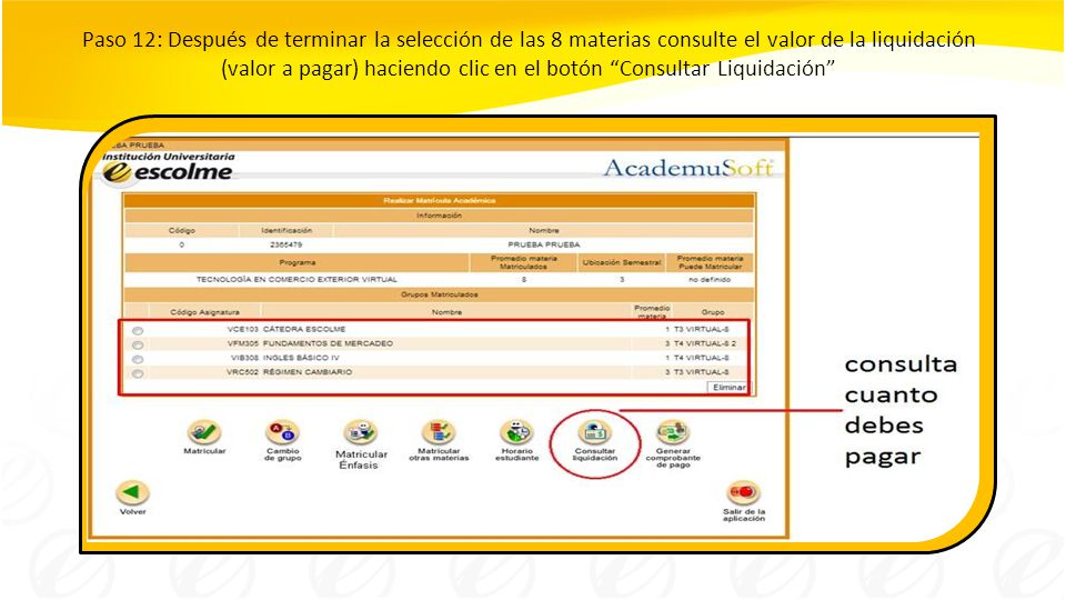 Paso 12: Después de terminar la selección de las 8 materias consulte el valor de la liquidación (valor a pagar) haciendo clic en el botón Consultar Liquidación