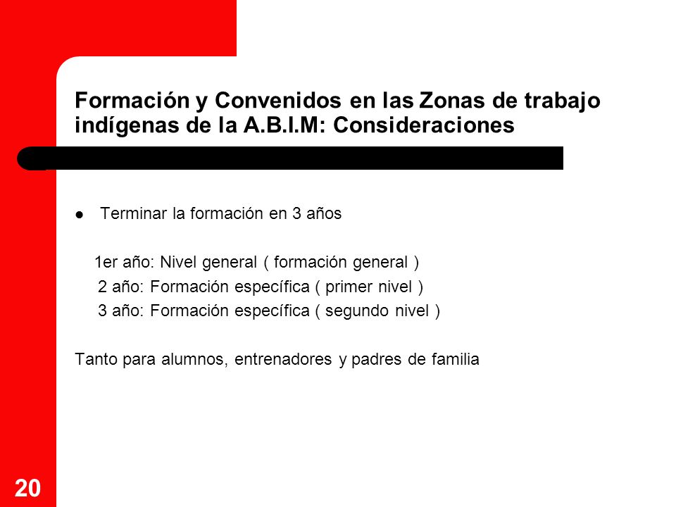 Formación y Convenidos en las Zonas de trabajo indígenas de la A. B. I