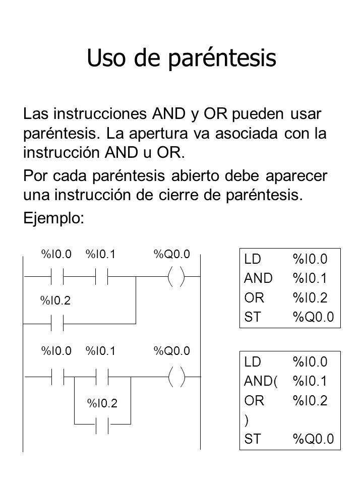 Uso de paréntesis Las instrucciones AND y OR pueden usar paréntesis. La apertura va asociada con la instrucción AND u OR.