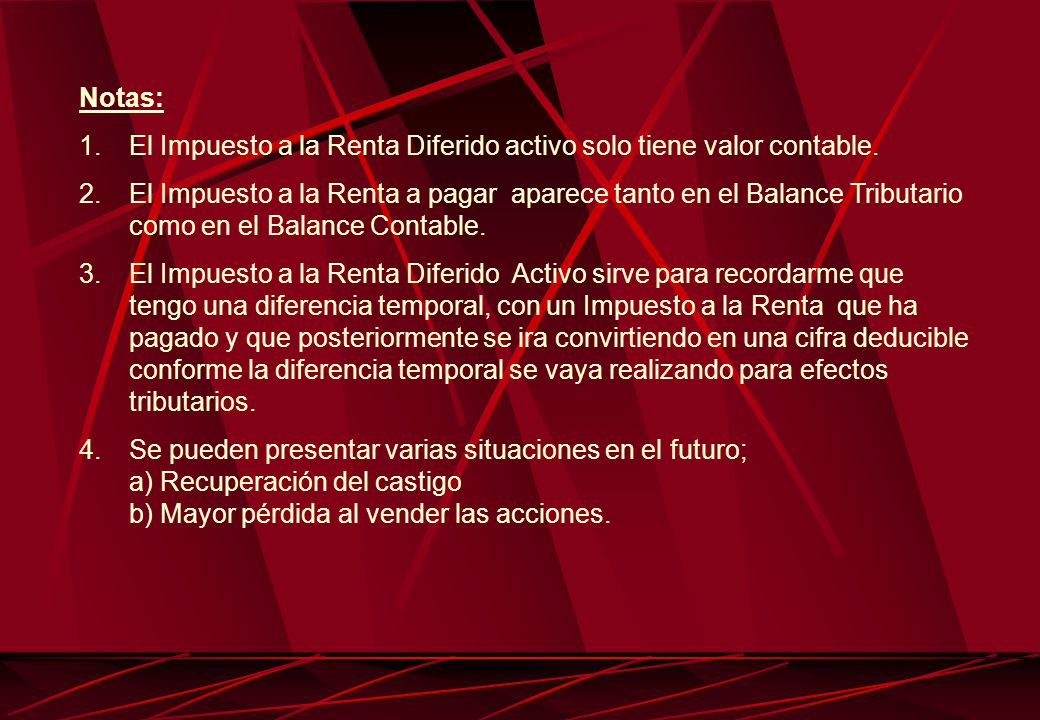 Notas: El Impuesto a la Renta Diferido activo solo tiene valor contable.