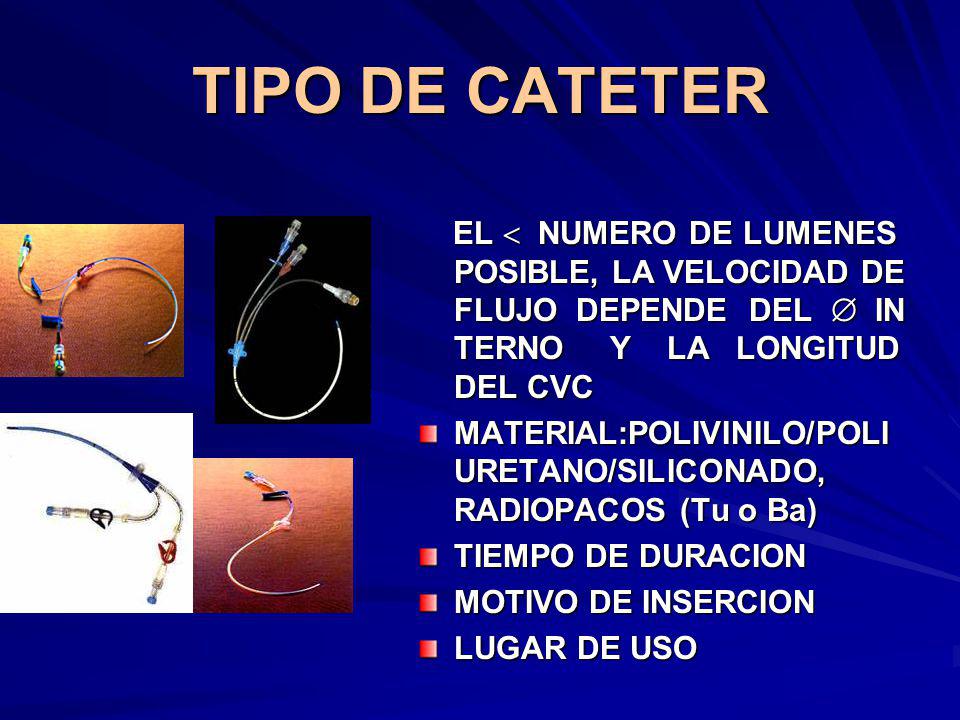 TIPO DE CATETER EL  NUMERO DE LUMENES POSIBLE, LA VELOCIDAD DE FLUJO DEPENDE DEL  IN TERNO Y LA LONGITUD DEL CVC.