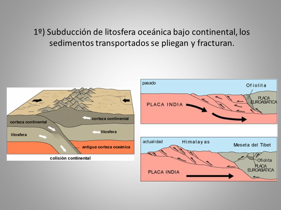 1º) Subducción de litosfera oceánica bajo continental, los sedimentos transportados se pliegan y fracturan.