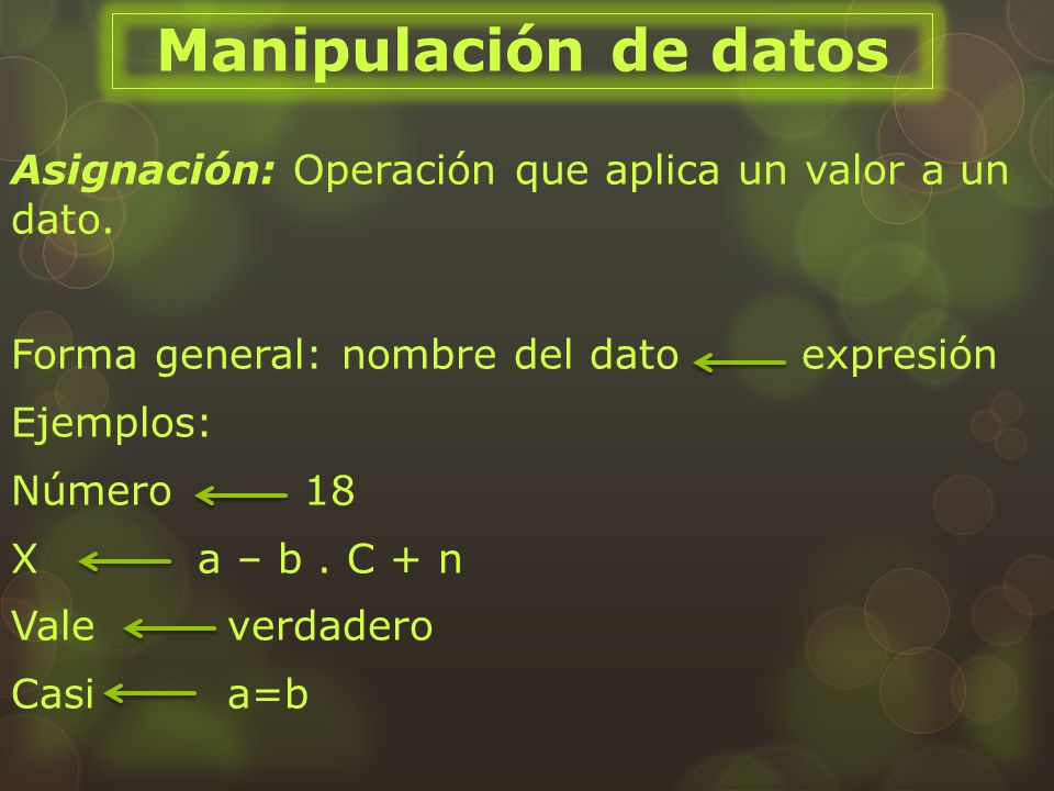 Manipulación de datos Asignación: Operación que aplica un valor a un dato. Forma general: nombre del dato expresión.