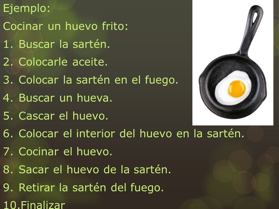 Ejemplo: Cocinar un huevo frito: Buscar la sartén. Colocarle aceite. Colocar la sartén en el fuego.