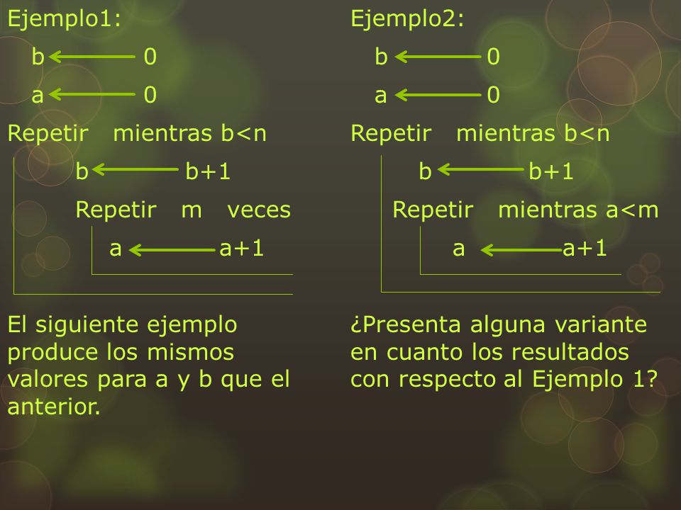 Ejemplo1: b 0 a 0 Repetir mientras b<n b b+1 Repetir m veces a a+1 El siguiente ejemplo produce los mismos valores para a y b que el anterior.