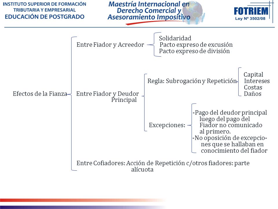 Solidaridad Entre Fiador y Acreedor Pacto expreso de excusión Pacto expreso de división Capital Regla: Subrogación y Repetición Intereses Costas Efectos de la Fianza Entre Fiador y Deudor Daños Principal -Pago del deudor principal luego del pago del Excepciones: Fiador no comunicado al primero.