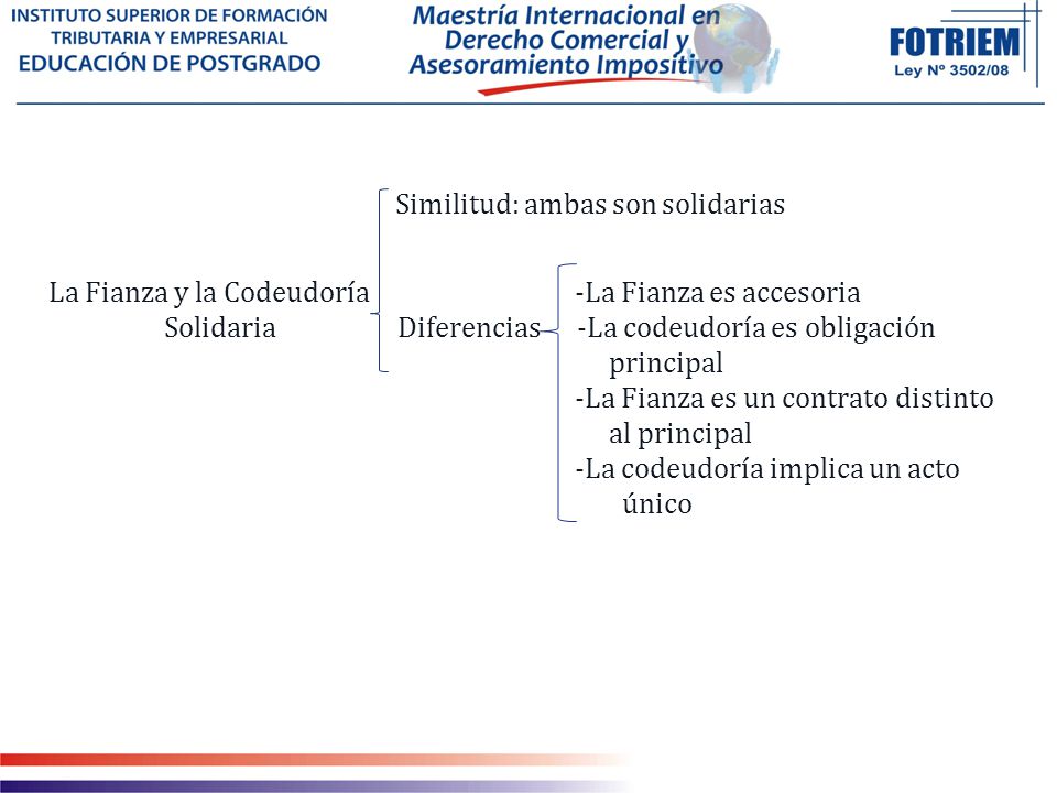 Similitud: ambas son solidarias La Fianza y la Codeudoría -La Fianza es accesoria Solidaria Diferencias -La codeudoría es obligación principal -La Fianza es un contrato distinto al principal -La codeudoría implica un acto único
