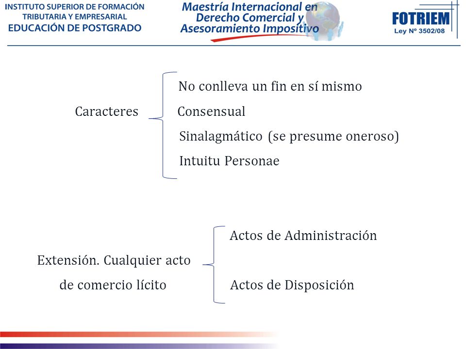 No conlleva un fin en sí mismo Caracteres Consensual Sinalagmático (se presume oneroso) Intuitu Personae Actos de Administración Extensión.
