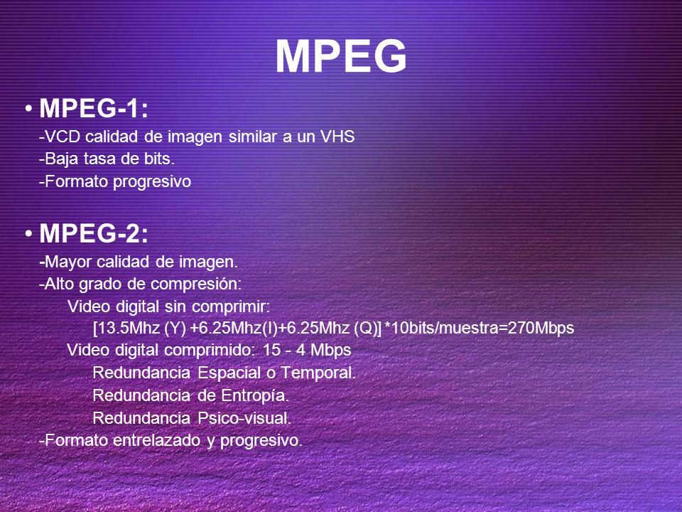 MPEG MPEG-1: MPEG-2: -VCD calidad de imagen similar a un VHS